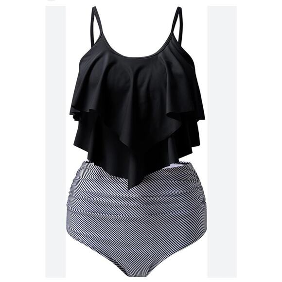 Tankini Swimsuit‎ Ruffled Tank Tummy Control Black Striped Modest Swimwear XXXL - Picture 1 of 8